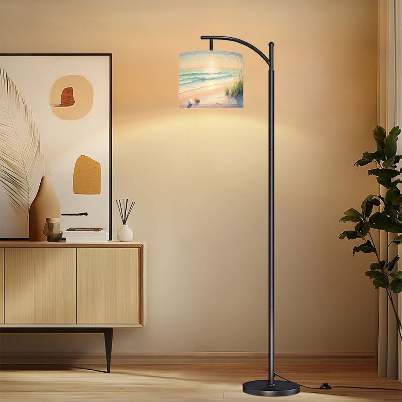 Lampe sur pied à arc avec abat-jour ajustable, scène de plage sereine, coquillages, douces vagues, lampe sur pied côtière douce, 3 couleurs, intensité variable, lampe sur pied avec interrupteur au pied pour la chambre à coucher