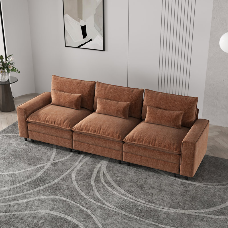 Canapé 3 places en chenille profonde avec coussins lombaires - texture douce, confort spacieux pour la vie de famille, Orange