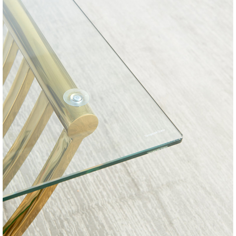 Table basse rectangulaire de 47 po avec verre double couche, style moderne en acier inoxydable, or, rangement pour le bureau à domicile, table de présentation facile à assembler et appareil en verre trempé, présenté