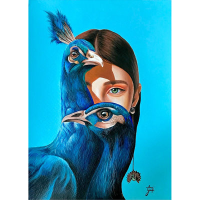 Femme derrière des paons | Acrylique sur papier | Décoration murale