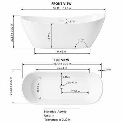 55" Acrylic Oval Freestanding Bathtub, Minimalist Flat Bottom Soaking Tub with Slotted Overflow and Center Drain, Multiple Colors Available