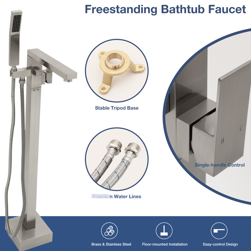Floor Mounted Tub Filler Faucet Brushed Nickel, Solid Brass, Precision Water Control Valves, 360 + 90 Spout Rotation, - Clog Nozzle Nickel With Hand Shower, Smooth Dual Temperature Regulation,