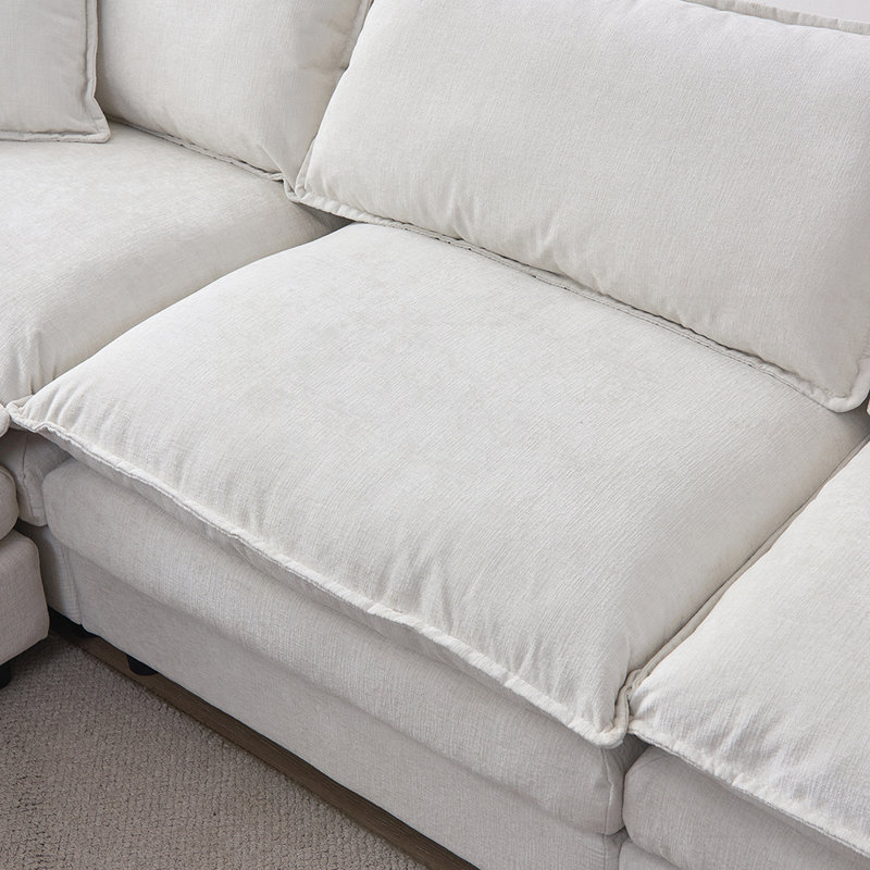 Canapé modulaire avec repose-pieds, tissu en chenille doux, sièges confortables et structure en bois robuste pour des salons confortables