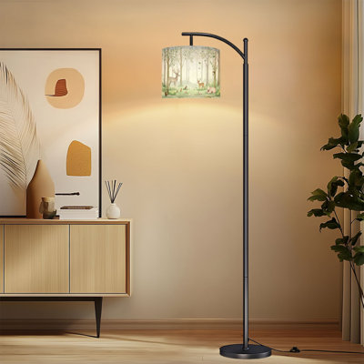 Arc Floor Lamp Whimsical Forest Scene Deer Owl Woodland Creatures Standing Light with Adjustable Lampshade 3 Colour Dimmable Tall Lamp with Remote Control for Living Room Bedroom
