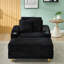 Canapé simple en velours côtelé noir avec un coussin, deux coussins décoratifs, un repose-pieds et deux espaces de rangement.