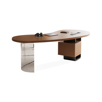 Bureau à 2 tiroirs brun noisette + bois massif noir + fer + acrylique + Barenia