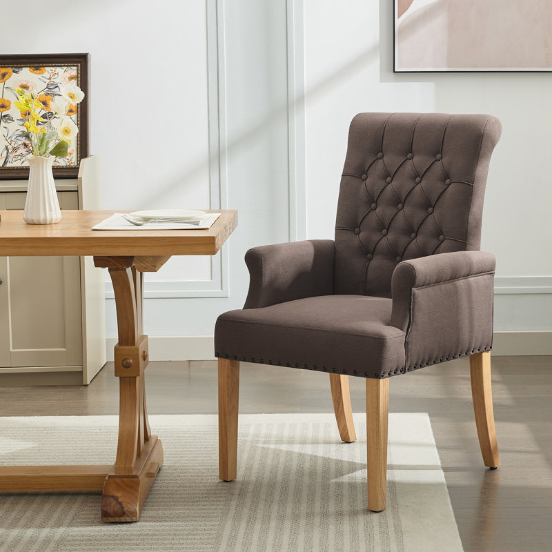 Fauteuil de salle à manger capitonné à dossier haut, lin, Lin brun