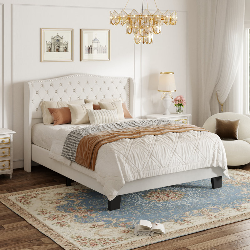 Upholstered Platform Bed Frame with Tufted Nailhead Trim Wingback Headboard, Beige, Queen