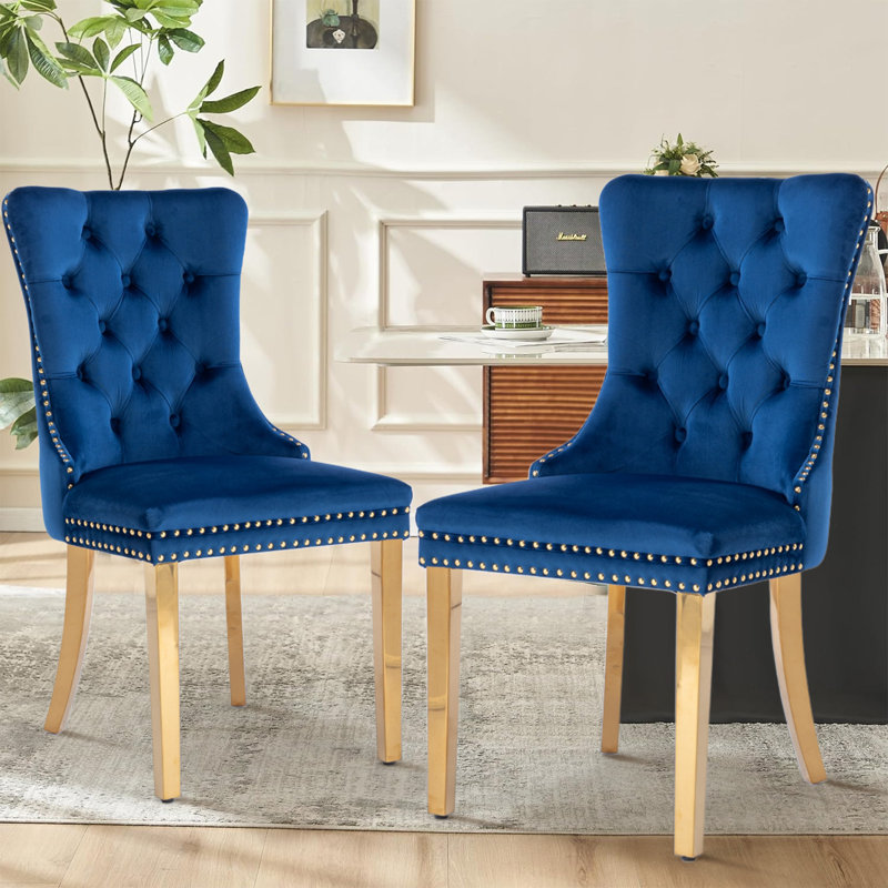 Chaise de salle à manger en velours avec anneau à dossier et pieds en bois massif, 2, Bleu foncé, Doré