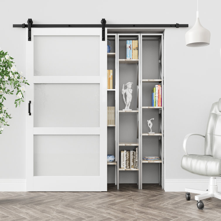 3-Lite Frosted Glass and Solid Manufactured Wood Sliding Barn Door with Installation Hardware Kit