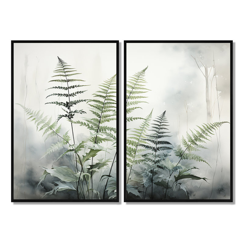 Ferns Silver Whispers II - ensemble d'art mural argenté de 2, H 36 po x l 48 po, Reproduction encadrée sans passe-partout