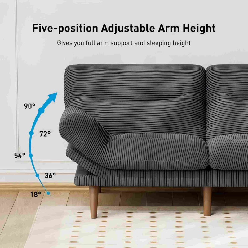 66”Convertible Futon Sofa Bed with Adjustable Backrest and 5-Level Armrests, Corduroy Futon Couch ,Sleeper Sofa Loveseat for Small Spaces, Apartment or Office,Gray