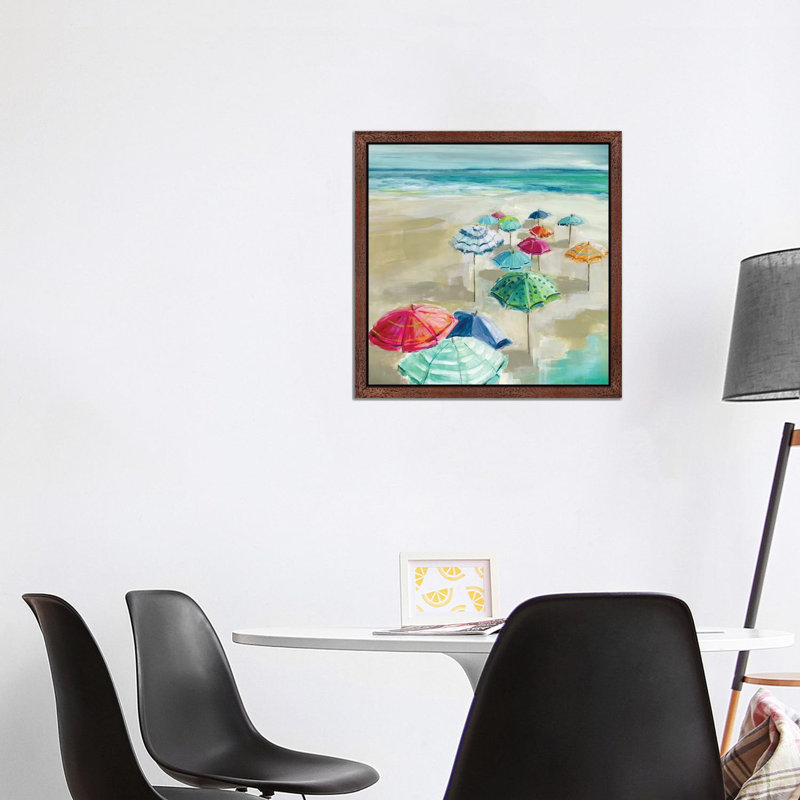 Umbrella Beach I by Carol Robinson - Painting on Canvas, 45.72 cm H x 45.72 cm W, Brown Framed
