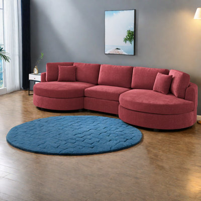 Stylish Modern Red Sofa, Chenille Upholstered, Curved Design For Living Room