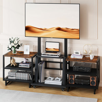 Meuble télé à roulettes avec support pour écrans de 32 à 75 pouces jusqu'à 120 lb, meuble télé mobile avec tablettes de rangement, centre de divertissement à hauteur réglable pour la chambre à coucher extérieure, brun
