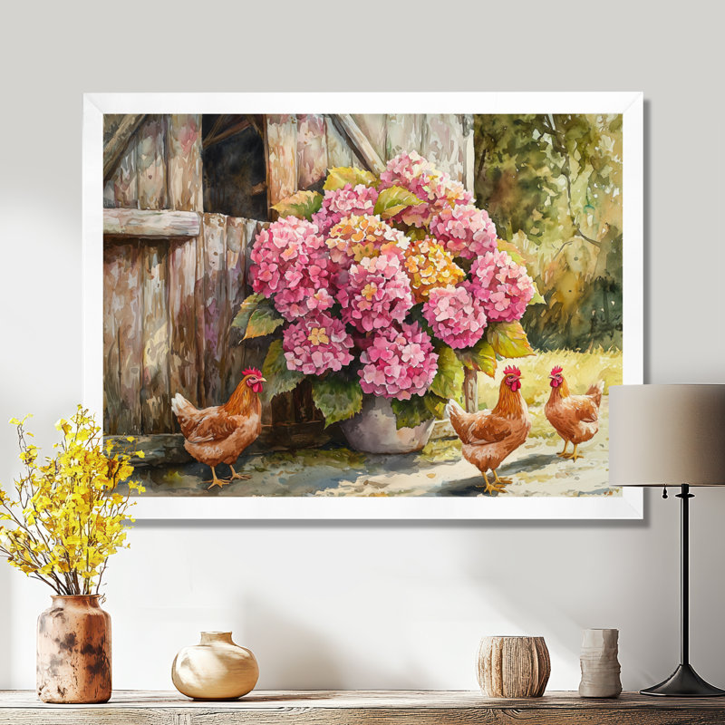 «Doshier Hydrangeas By The Chicken Coop II», art mural sur toile Hydrangea, H 12 po x l 20 po, Blanc