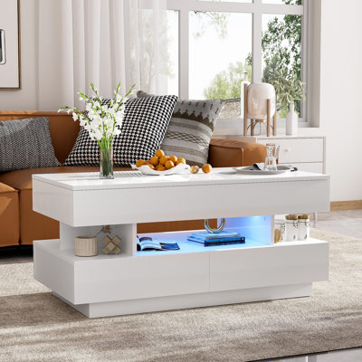 Table basse à plateau relevable avec 2 tiroirs, table basse avec compartiment caché adéquat, table basse à plateau relevable multifonctionnel avec finition ultrabrillante pour le salon