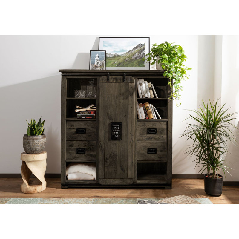 Railway 142cm Solid Wood Sideboard, Lacquered Grey