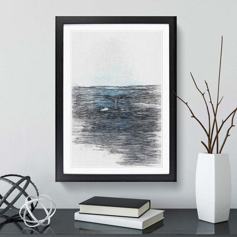 Blue Whale in Abstract - Picture Frame Drawing Print, Black Framed, 65cm H x 48cm W x 2cm D