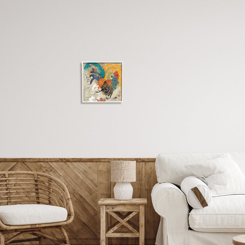Country Rooster, collage rétro - impression, H 12 po x l 12 po x P 1,5 po, Giclée encadrée blanc bord de mer