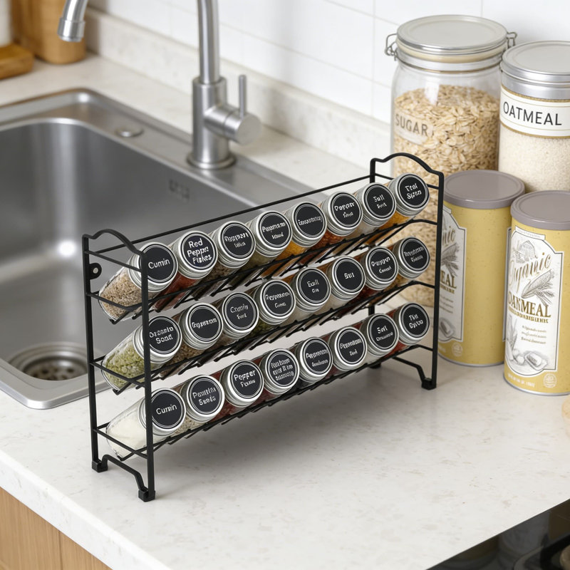 Étagère à épices à 3 niveaux avec 24 pots en verre, 396 étiquettes, entonnoir et marqueur craie | Ensemble de rangement de cuisine tout-en-un pour armoire, comptoir ou fixation murale