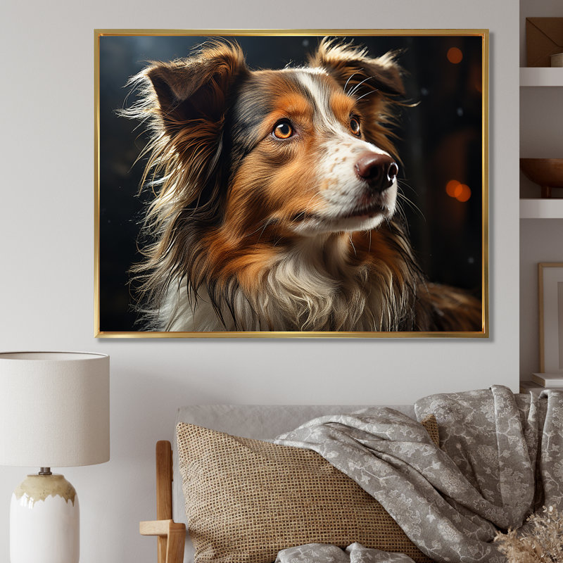 Collie Contemplation sur toile, Cadre flottant doré, H 20 po x l 12 po x P 1 po