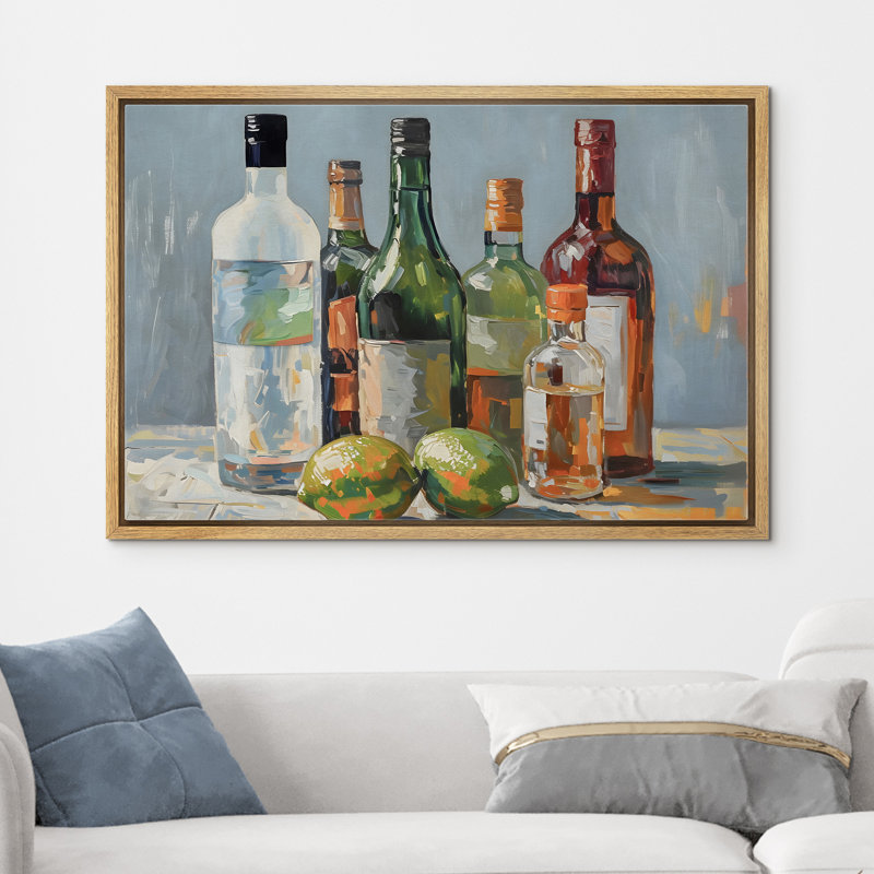 «Green Lemon Drinkware», impression sur toile encadrée de bouteilles en verre, Naturel, H 16 po x l 24 po