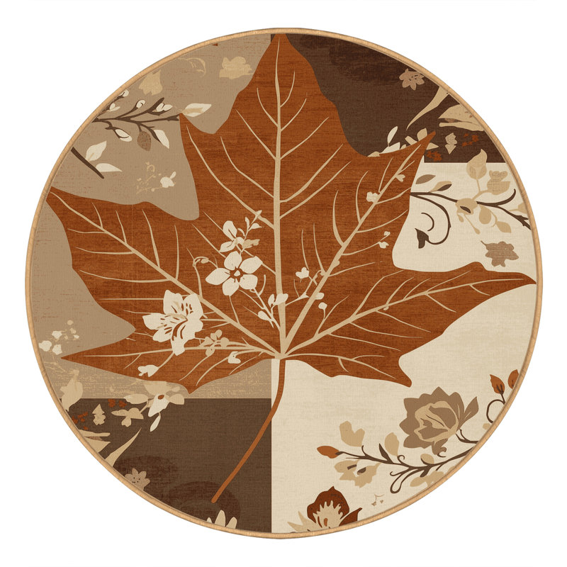 Tapis floral classique feuille d'érable Paesyn lavable à la machine en brun - reliure brun clair, 3' Round