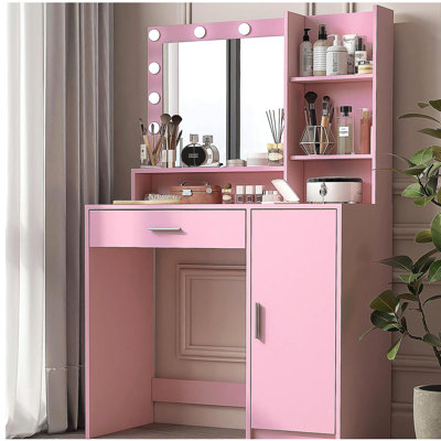 Vanity Desk with Mirror & Light, Large Drawer Three Level Storage Dresser, 3 Lighting Modes Adjustable Brightness, Bedroom Dressing Table(Pink)
