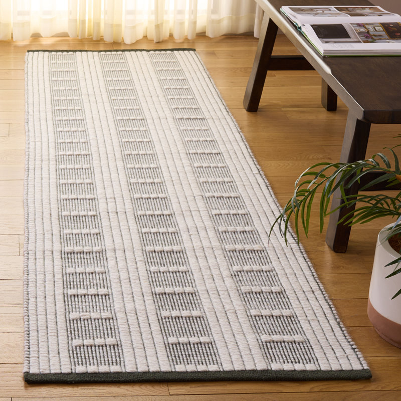 Vermont 951 Flatweave Wool/Cotton Geometric Rug in Olive/Ivory, Runner 2'3" x 8'