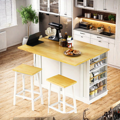 Large Rolling Kitchen Island With Drop Leaf, Power Outlet, Internal Storage Racks, 5 Open Side Racks, 2 Drawers, An Adjustable Shelf by Lark Manor