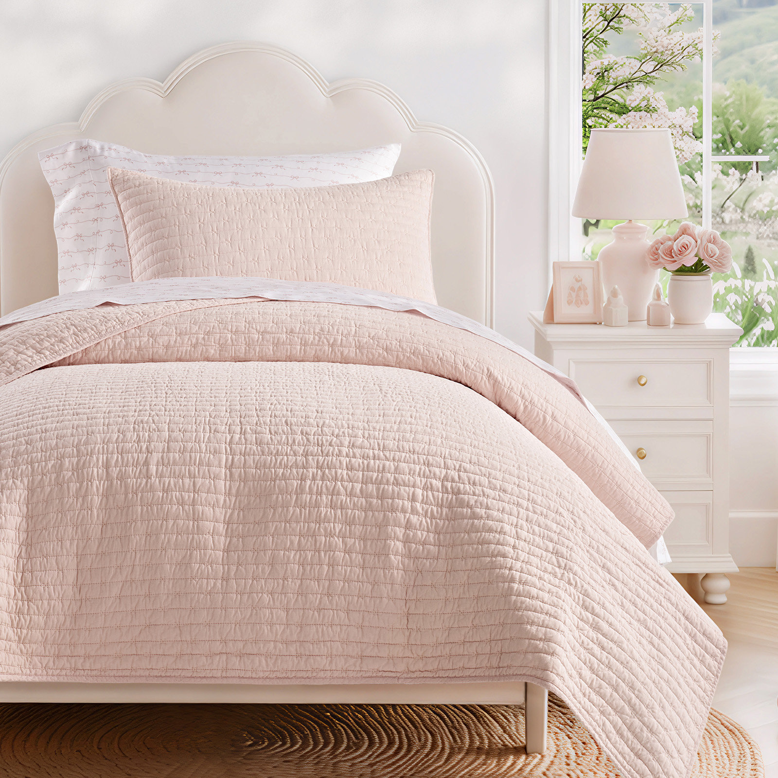 Cross Stitch Cotton Quilt set, Ballet Pink, Twin + 2 Shams