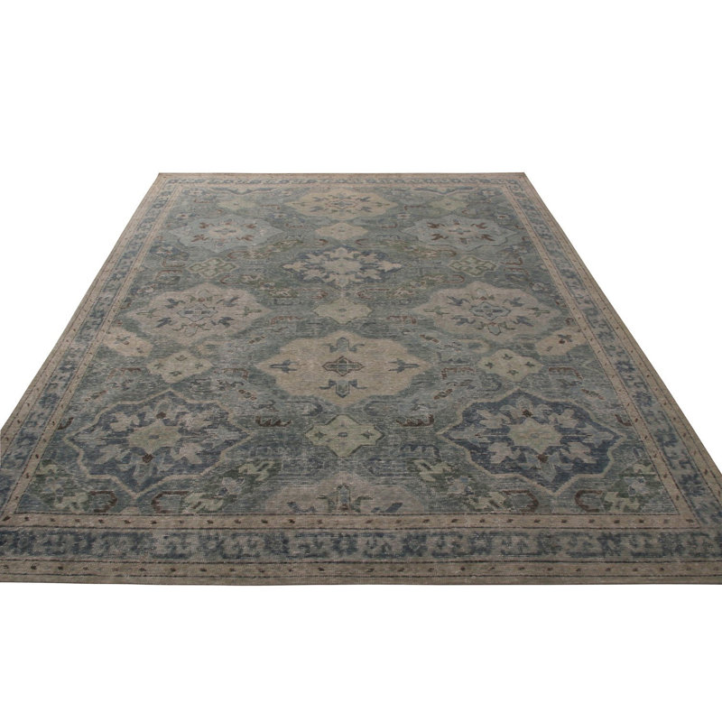 Rug & Kilim's Homage Geometric Floral Green And Blue Wool Custom Rug, Rectangle 8' x 10'