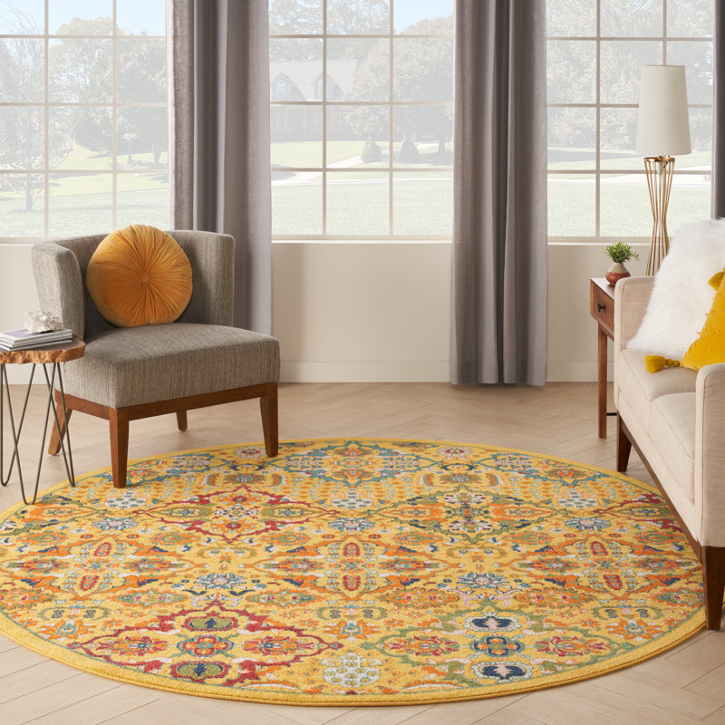 Tapis jaune à motif floral Weirton, Rond 7 pi 10 po