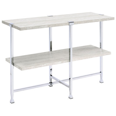 Table en chêne blanc avec tablette, rendant votre espace de vie plus fonctionnel et offrant un espace de rangement supplémentaire.