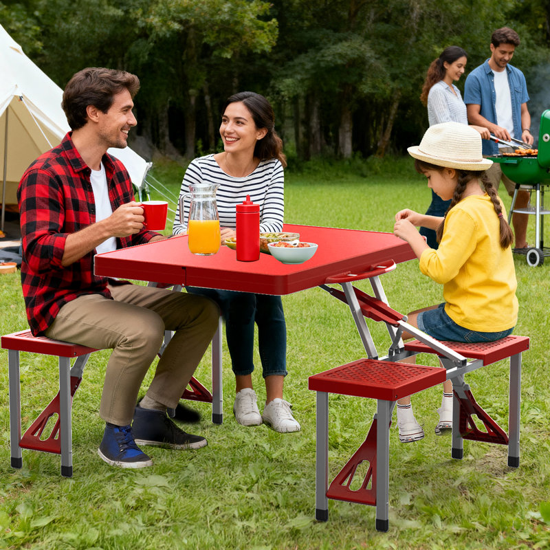 Patio Red Plastic Portable Camping Table Chair Set, Red