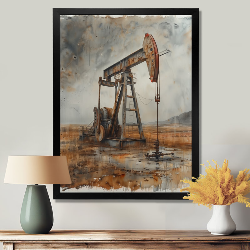 Gris gris orange, champs de pétrole pompage de gaz I - décoration murale, H 16 po x l 32 po x P 1 po