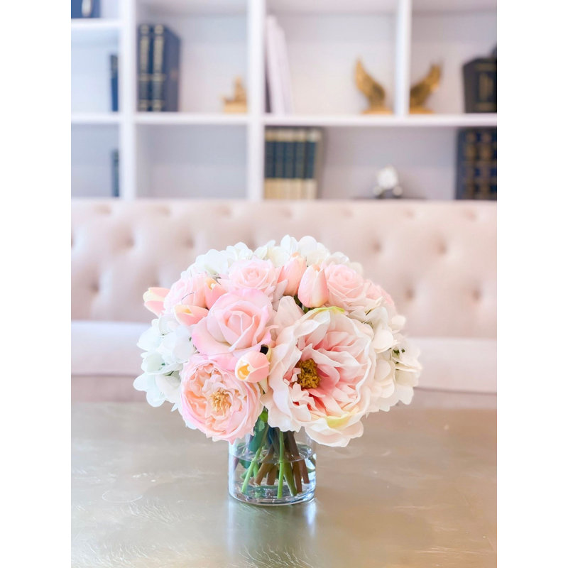 Real-Touch Pink Roses & White Hydrangeas Centerpiece