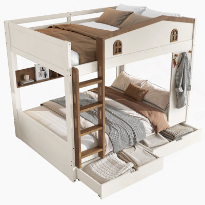 Queen Over Queen Bunk Bed With Storage Drawers And Shelves, Solid Wood Construction, No Box Spring Needed, Beige&Natural