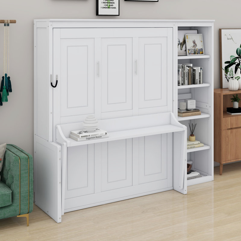 Lit escamotable avec bureau et bibliothèque Murphy, Lit double , White