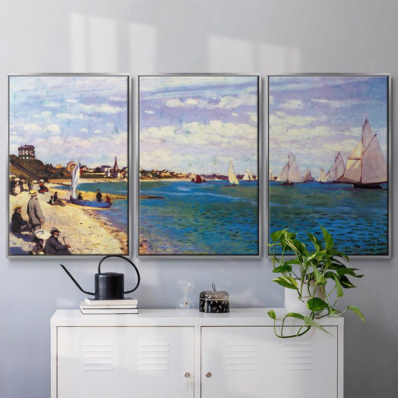 «The Beach at Sainte Adresse» par Monet - Toile encadrée à pièces multiples, H 36 po x l 75 po x P 2 po, Argent