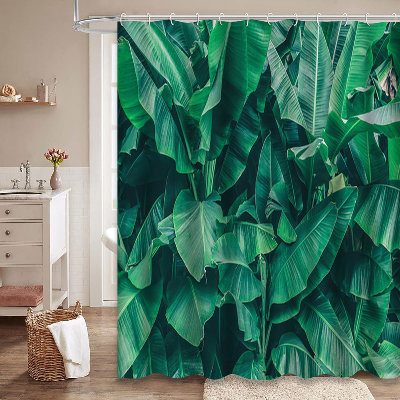 Rideau de douche à motif de branches tropicales bleues et vertes avec 12 crochets, L 72 po x l 72 po