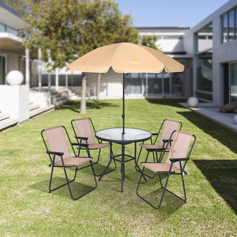 Ensemble de salle à manger d'extérieur 6 pièces avec table en verre Ceyla, 4 chaises pliantes et un parasol inclinable amovible (beige)