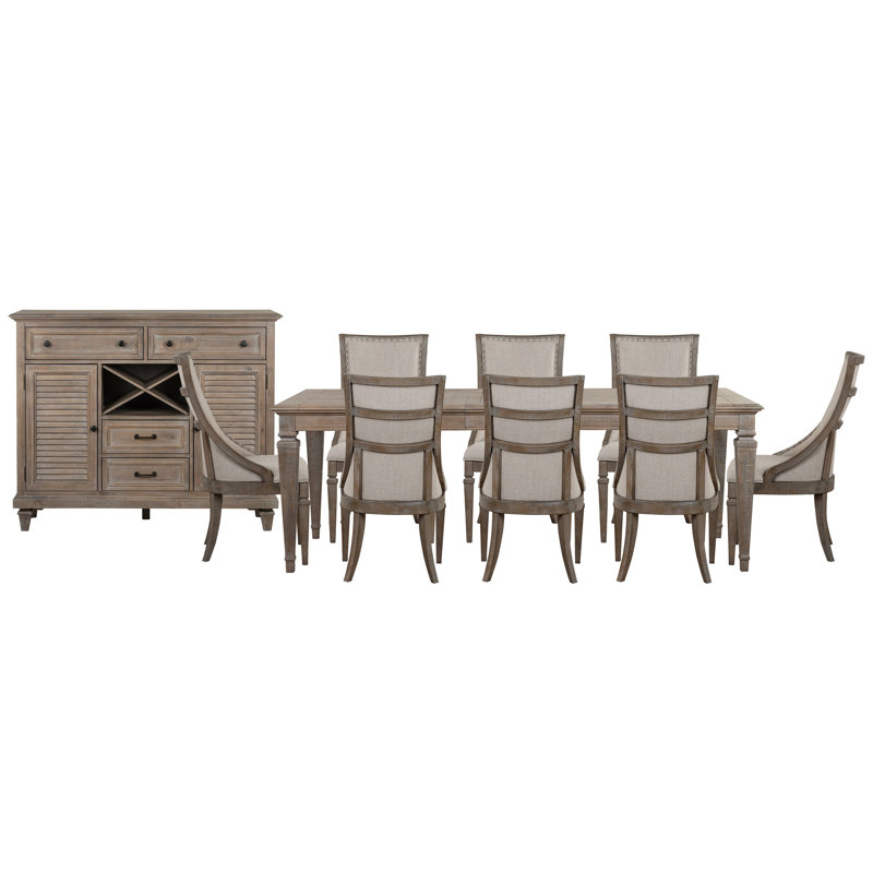 Extendable Rectangular Dining Table With 8 Arm Chairs And Server, 10 Pcs: Table, 8 Chairs, Server