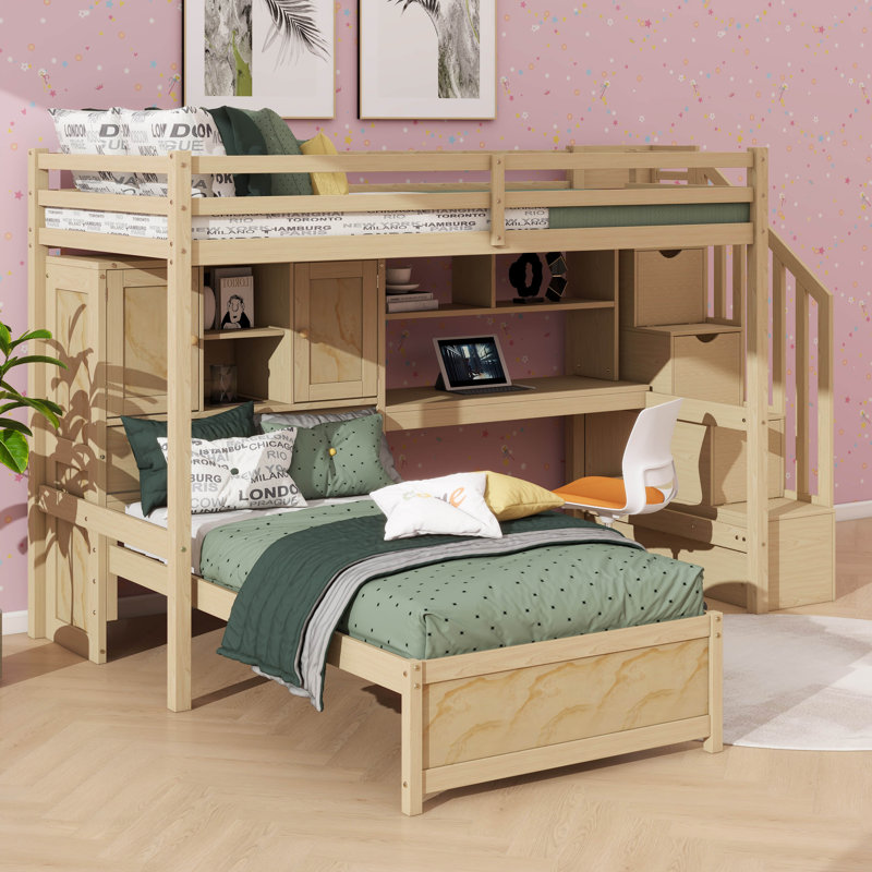 Karanfila Twin Over Twin Loft Bed With Built-In Desk And Staircase, With Storage Compartments And Shelves, Natural