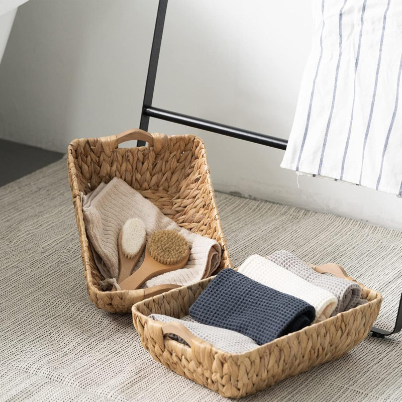 Wicker Baskets With Handles, Natural Wicker Basket For Organizing Shelves, Small Hand Woven Water Hyacinth Storage Baskets Set Of 2