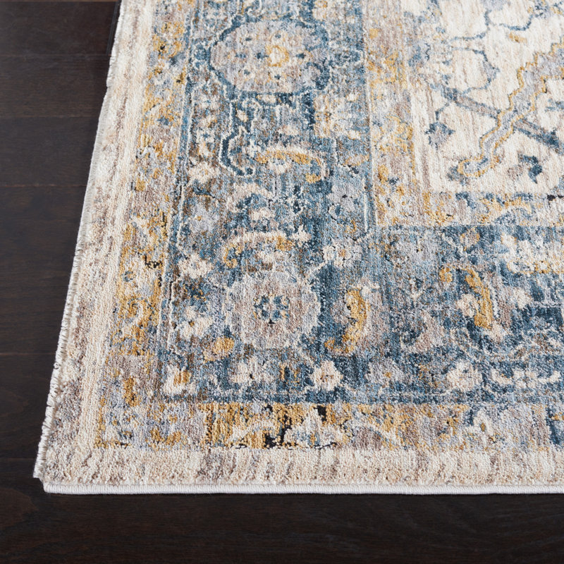 Tapis oriental ivoire / bleu / jaune, Carré 6 pi 4 po