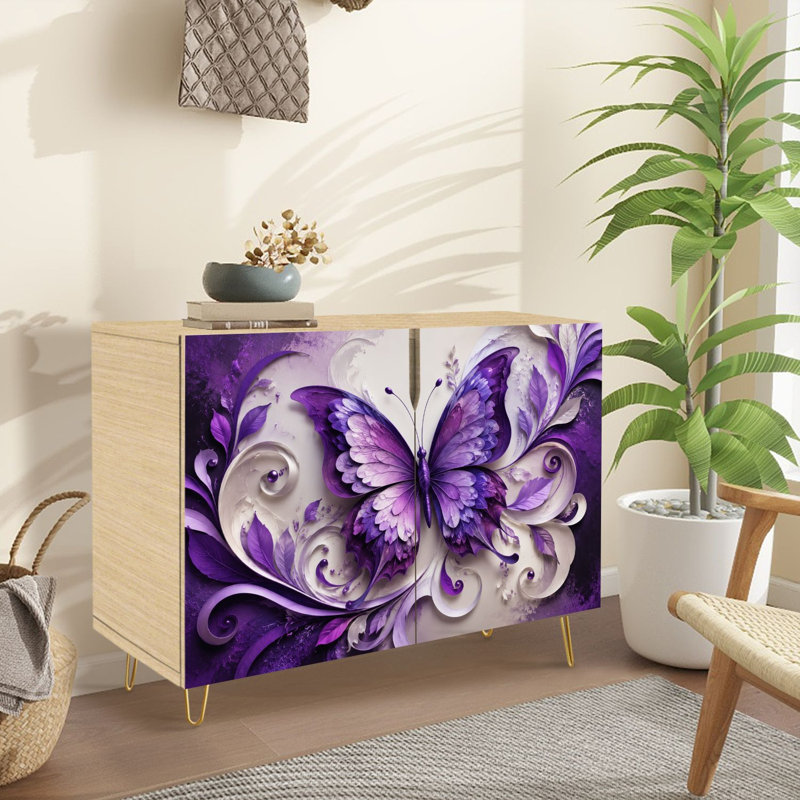 Buffet Buffet avec rangement Papillon ornemental mauve complexe à tourbillons floraux dégradés avec 2 portes pour le salon et la cuisine