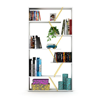 Industrial Style 6-Shelf Bookcase, Solid Wood Frame For Office And Living, White/Yellow Living Areas,