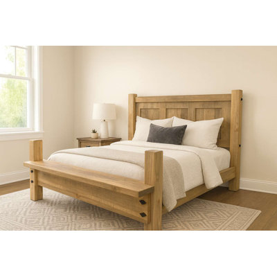 Blackstone Collection Panel Bed w/ Forged Iron Accents and Footboard Bench, California King - Pecan Stain and Clear Lacquer Finish